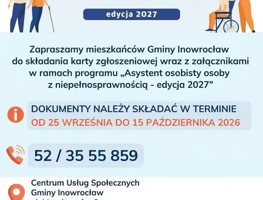 Gmina Inowrocław: nabór do programu „Asystent osobisty osoby z niepełnosprawnością” na 2027 rok