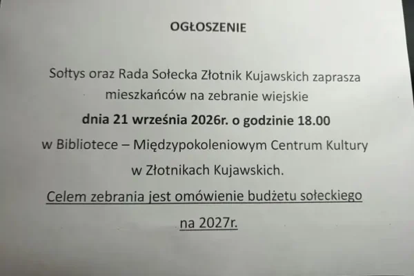 Zebranie wiejskie w Złotnikach Kujawskich – 21 września o 18:00