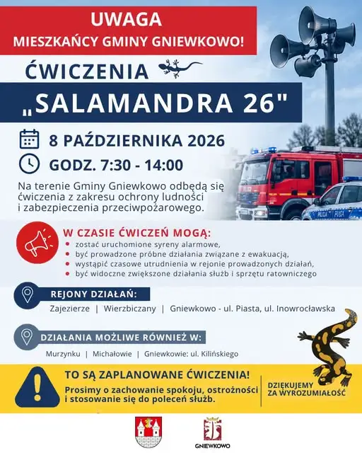 Ćwiczenia „Salamandra 26” w Gminie Gniewkowo – sprawdzenie gotowości służb
