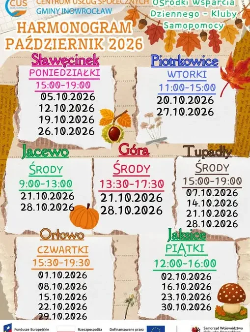 Harmonogram spotkań Klubów Samopomocy w Gminie Inowrocław na październik 2026