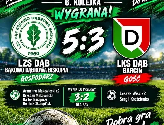 Zwycięstwo 5:3! Gmina Dąbrowa Biskupia pokonuje LKS Dąb Barcin