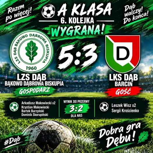 Zwycięstwo 5:3! Gmina Dąbrowa Biskupia pokonuje LKS Dąb Barcin
