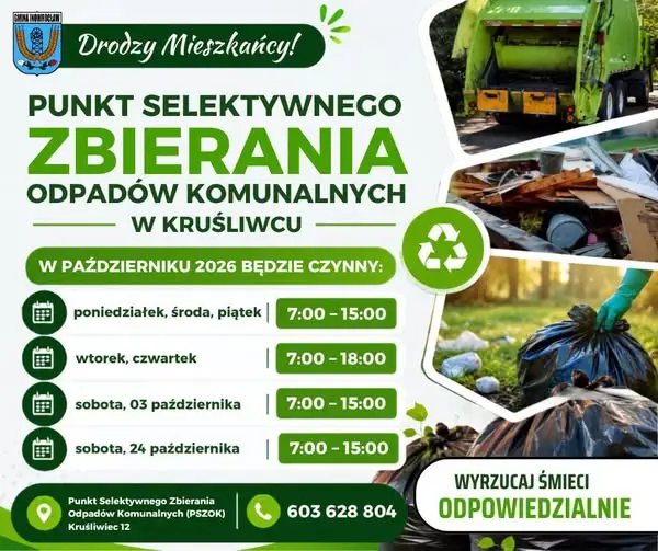 Harmonogram pracy Punktu Selektywnej Zbiórki Odpadów w Kruśliwcu na październik 2026