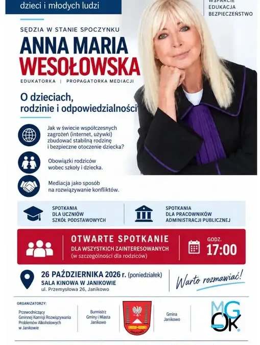 Anna Maria Wesołowska w Janikowie: spotkanie o dzieciach, rodzinie i odpowiedzialności