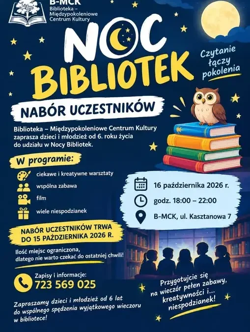 Noc Bibliotek w B-MCK – wieczór pełen kreatywnych przygód dla dzieci i młodzieży