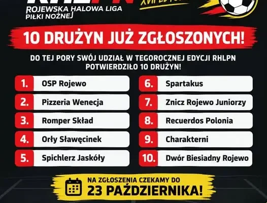 Rojewska Halowa Liga Piłki Nożnej: 10 drużyn już zgłoszonych, zapisy trwają do 23 października