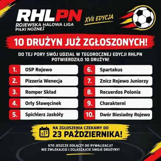 Rojewska Halowa Liga Piłki Nożnej: 10 drużyn już zgłoszonych, zapisy trwają do 23 października