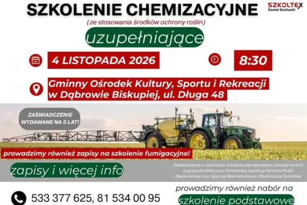 Obowiązkowe szkolenie chemizacyjne dla rolników w Dąbrowie Biskupiej – 4 listopada