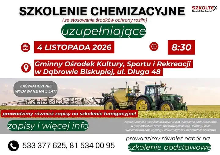Obowiązkowe szkolenie chemizacyjne dla rolników w Dąbrowie Biskupiej – 4 listopada
