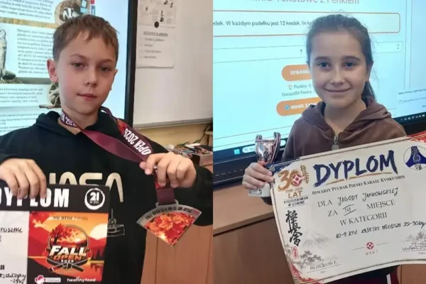 Uczniowie klasy 3a ze Szkoły Podstawowej nr 5 w Inowrocławiu z medalami w karate kyokushin i jiu jitsu