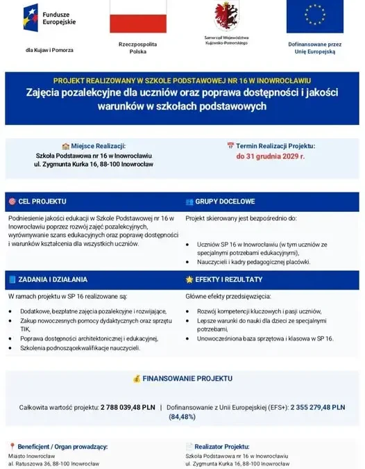 SP 16 w Inowrocławiu z unijnym wsparciem na rozwój edukacji