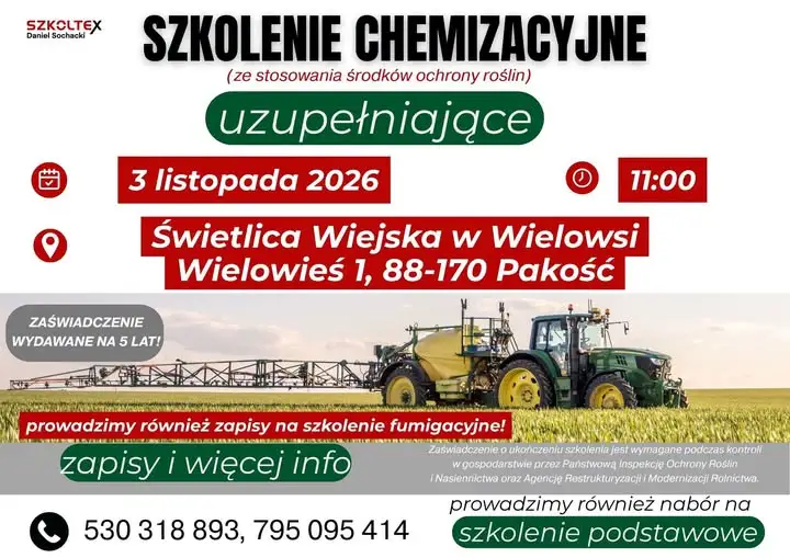 Szkolenie chemizacyjne dla rolników w Wielowsi – 3 listopada 2026