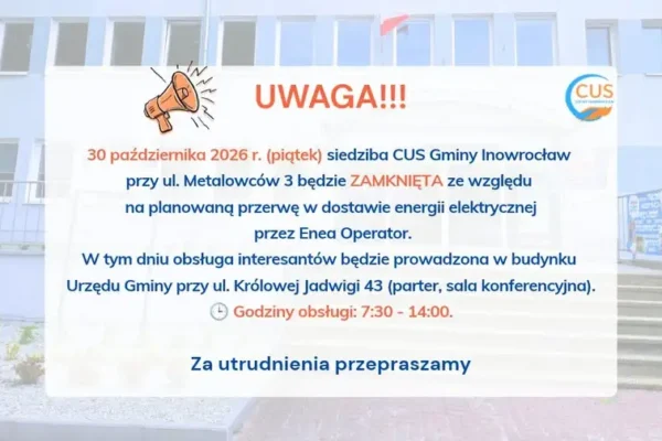 Centrum Usług Społecznych w Gminie Inowrocław zamknięte 30 października
