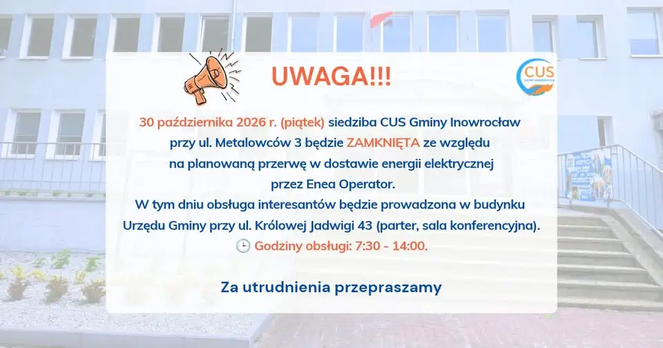 Centrum Usług Społecznych w Gminie Inowrocław zamknięte 30 października